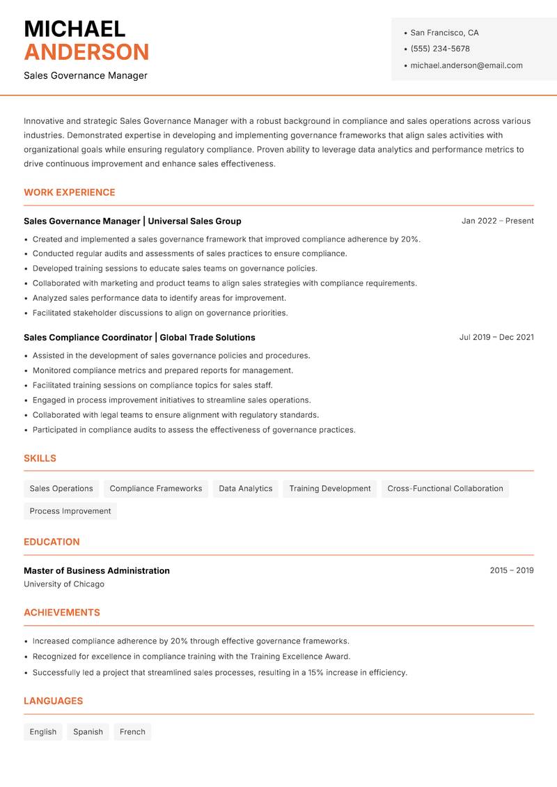 Sales Governance Manager resume template — Modern Professional