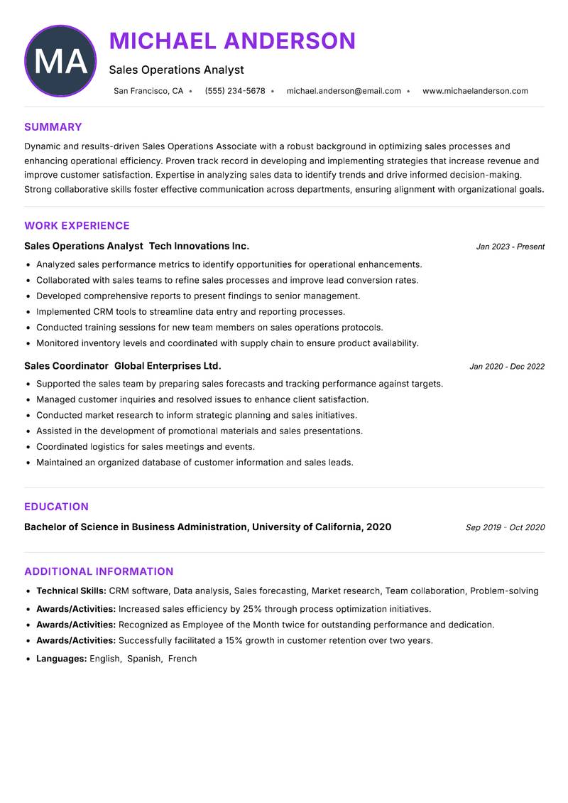 Sales Operations Associate resume example — ATS-friendly template