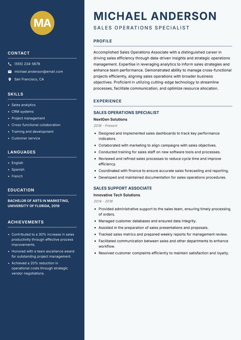 Sales Operations Associate resume template — Classic Clean