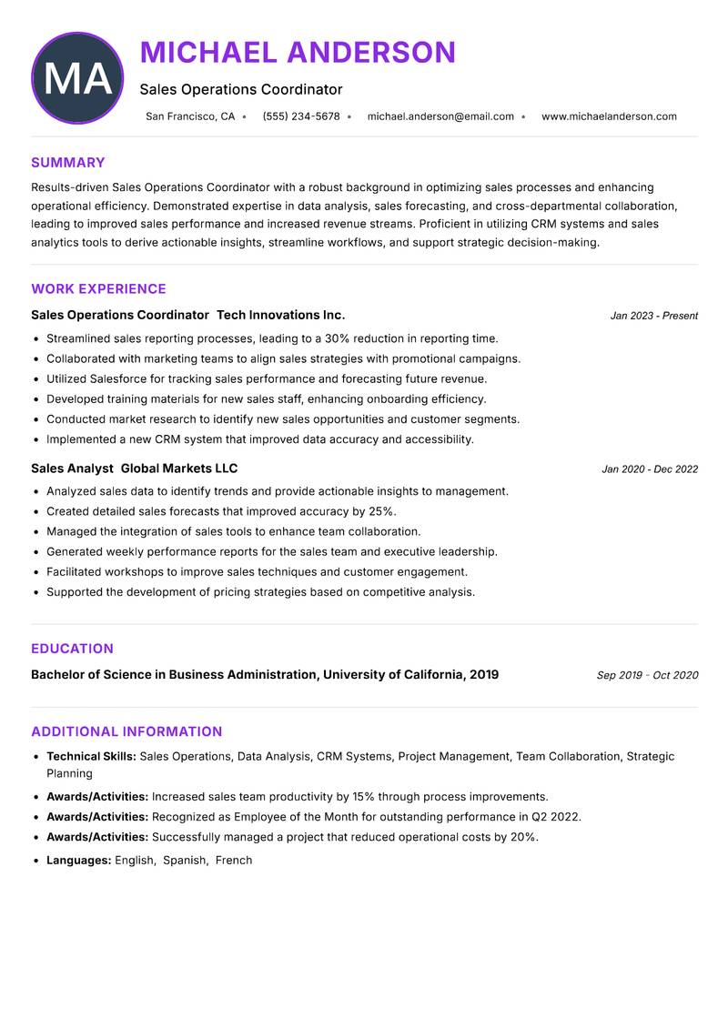 Sales Operations Coordinator resume example — ATS-friendly template