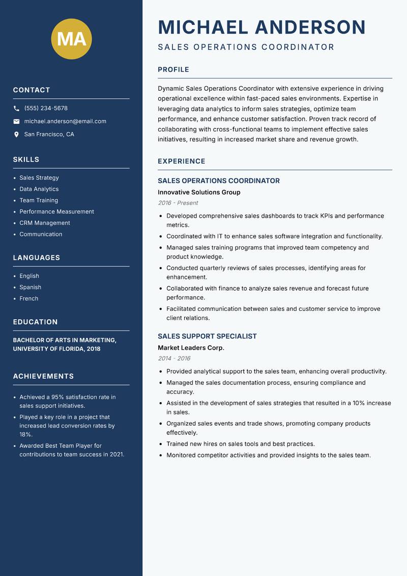 Sales Operations Coordinator resume template — Classic Clean