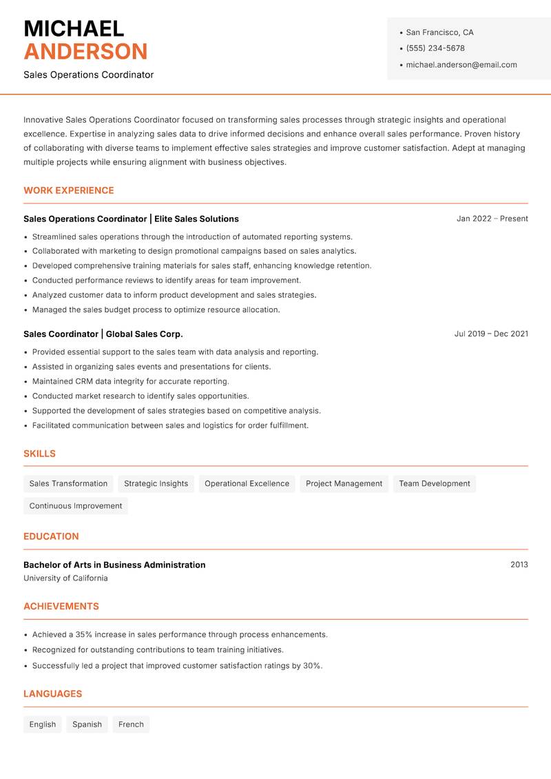 Sales Operations Coordinator resume template — Modern Professional