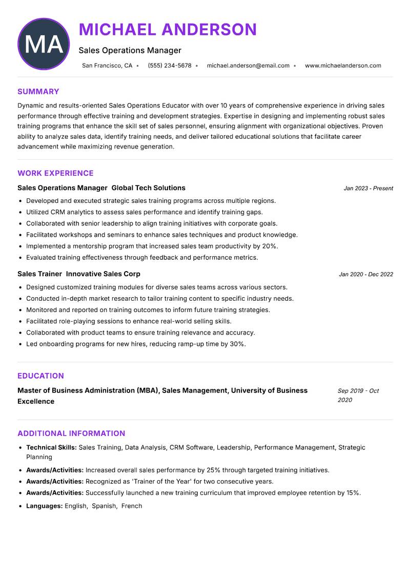 Sales Operations Educator resume example — ATS-friendly template