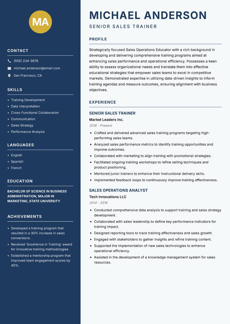 Sales Operations Educator resume template — Classic Clean