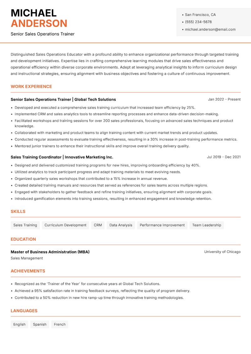 Sales Operations Educator resume template — Modern Professional