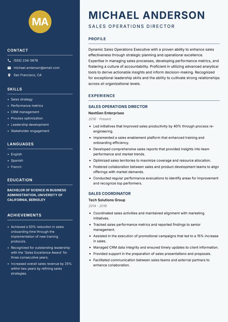Sales Operations Executive resume template — Classic Clean