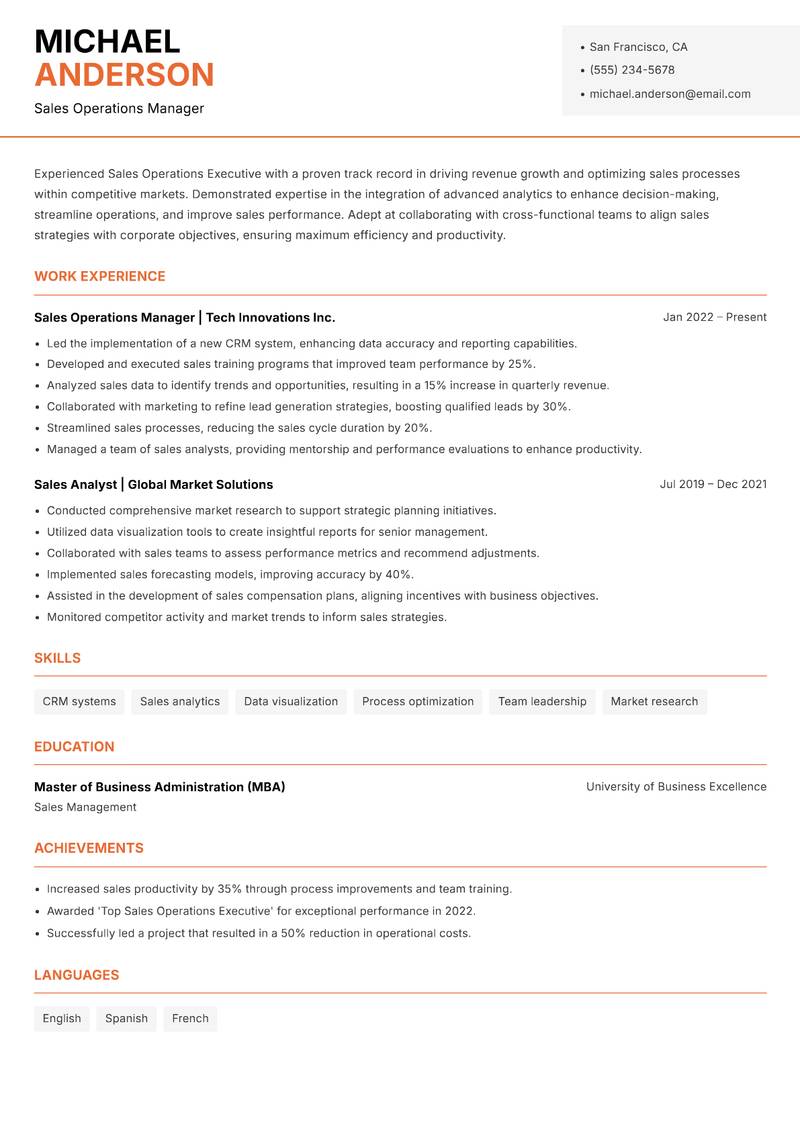 Sales Operations Executive resume template — Modern Professional