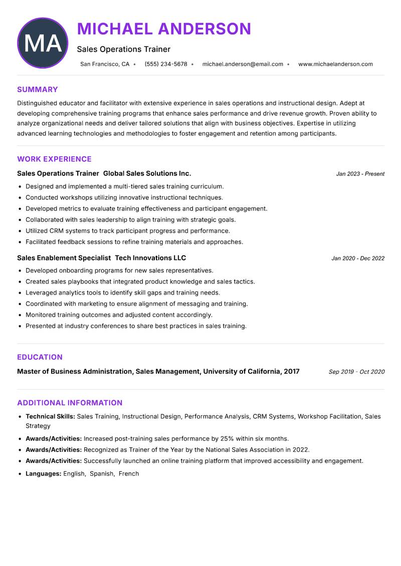 Sales Operations Instructor resume example — ATS-friendly template