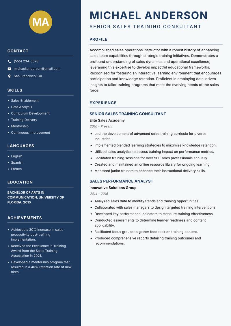 Sales Operations Instructor resume template — Classic Clean