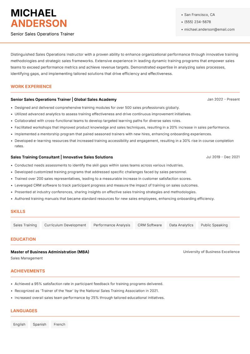 Sales Operations Instructor resume template — Modern Professional