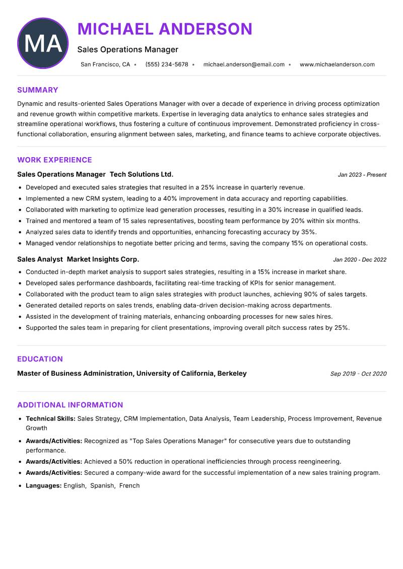 Sales Operations Manager resume example — ATS-friendly template