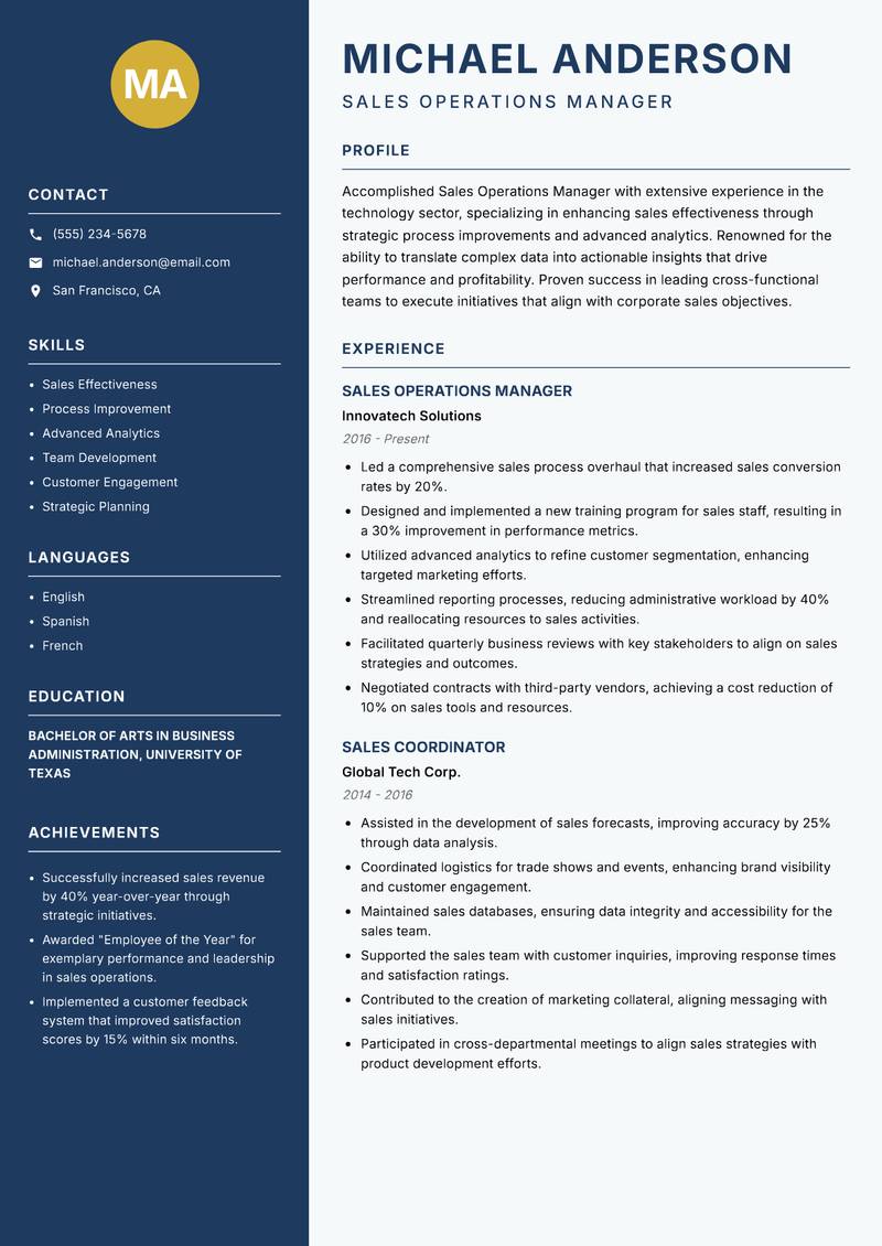Sales Operations Manager resume template — Classic Clean