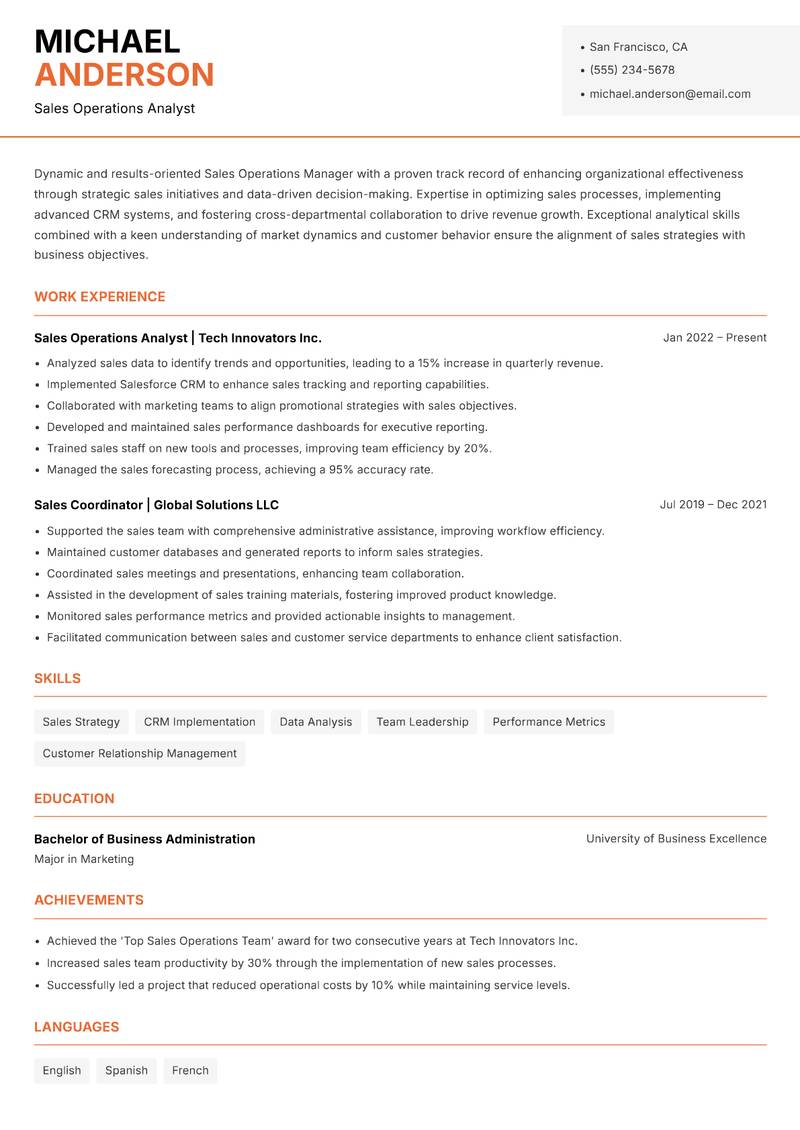 Sales Operations Manager resume template — Modern Professional