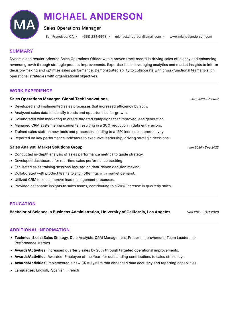 Sales Operations Officer resume example — ATS-friendly template