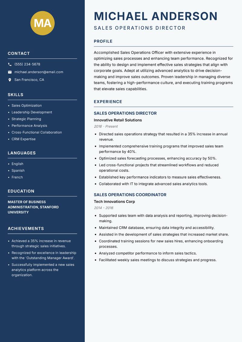 Sales Operations Officer resume template — Classic Clean