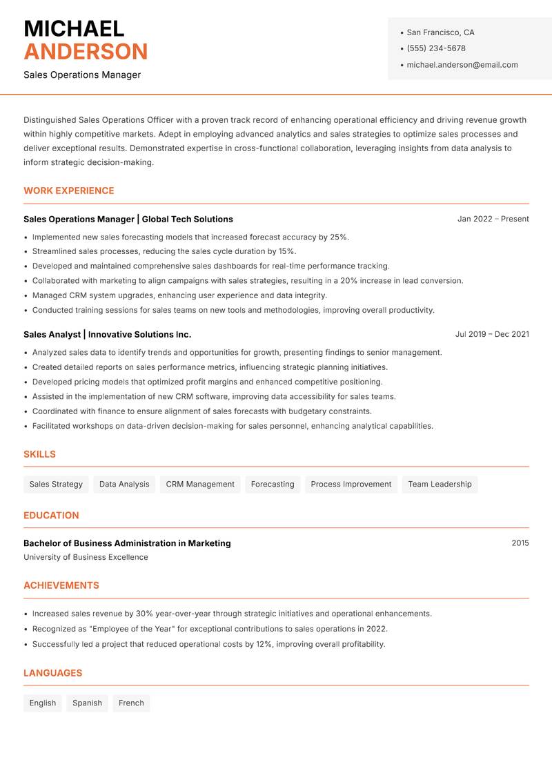 Sales Operations Officer resume template — Modern Professional