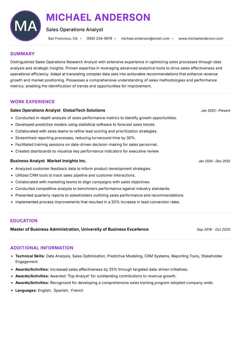 Sales Operations Research Analyst resume example — ATS-friendly template