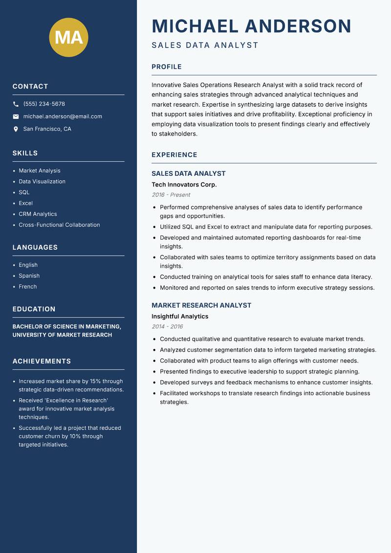Sales Operations Research Analyst resume template — Classic Clean