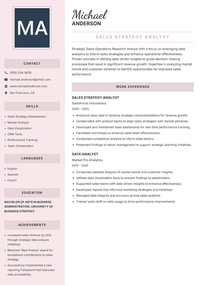 Sales Operations Research Analyst resume template — Executive
