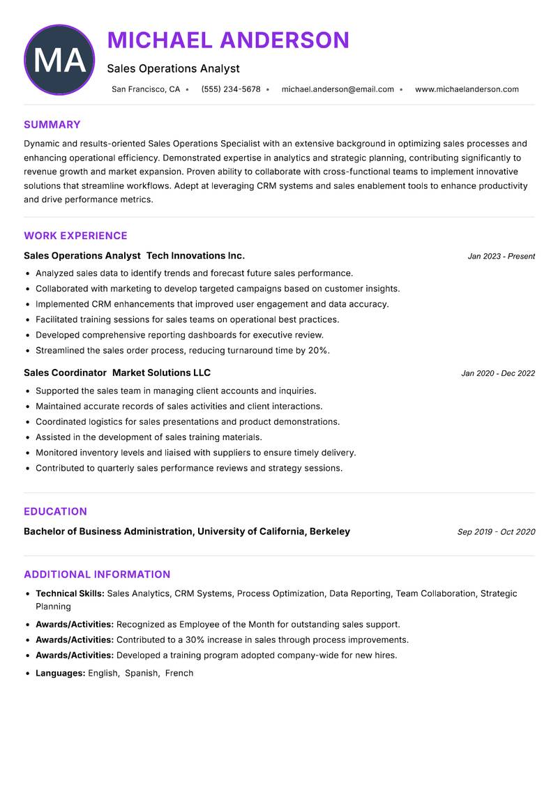 Sales Operations Specialist resume example — ATS-friendly template