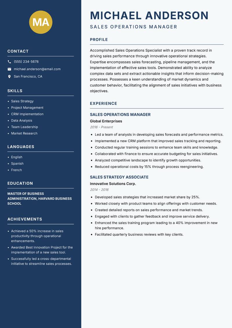 Sales Operations Specialist resume template — Classic Clean