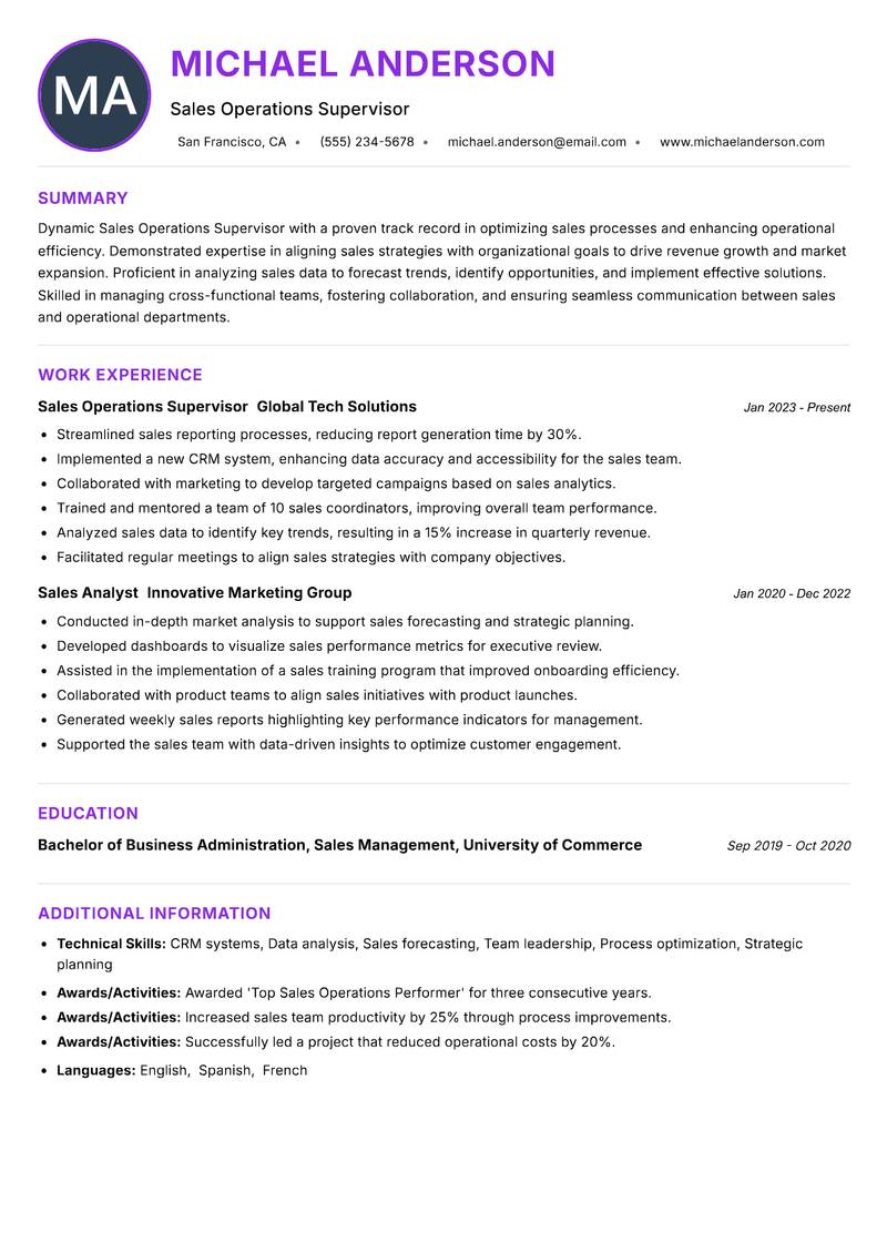 Sales Operations Supervisor resume example — ATS-friendly template