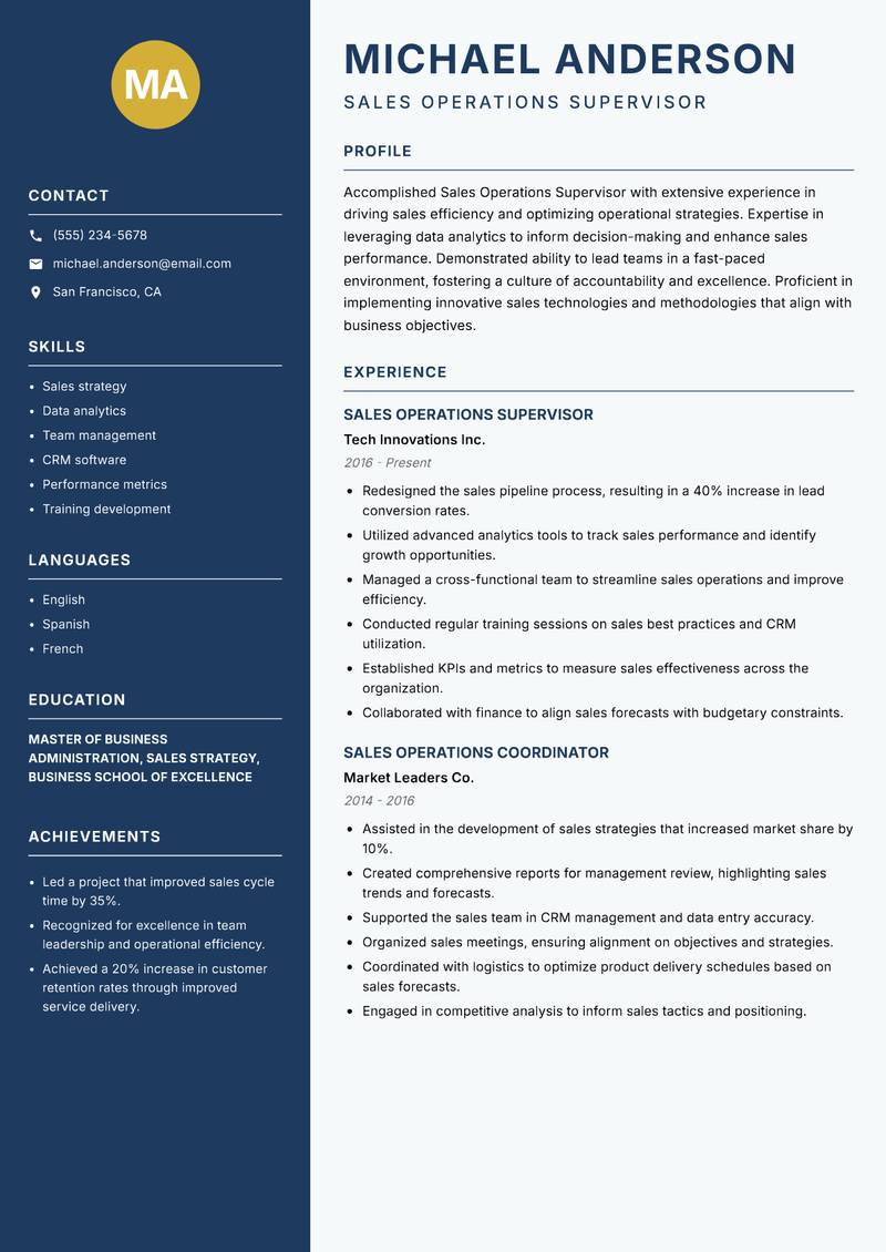 Sales Operations Supervisor resume template — Classic Clean