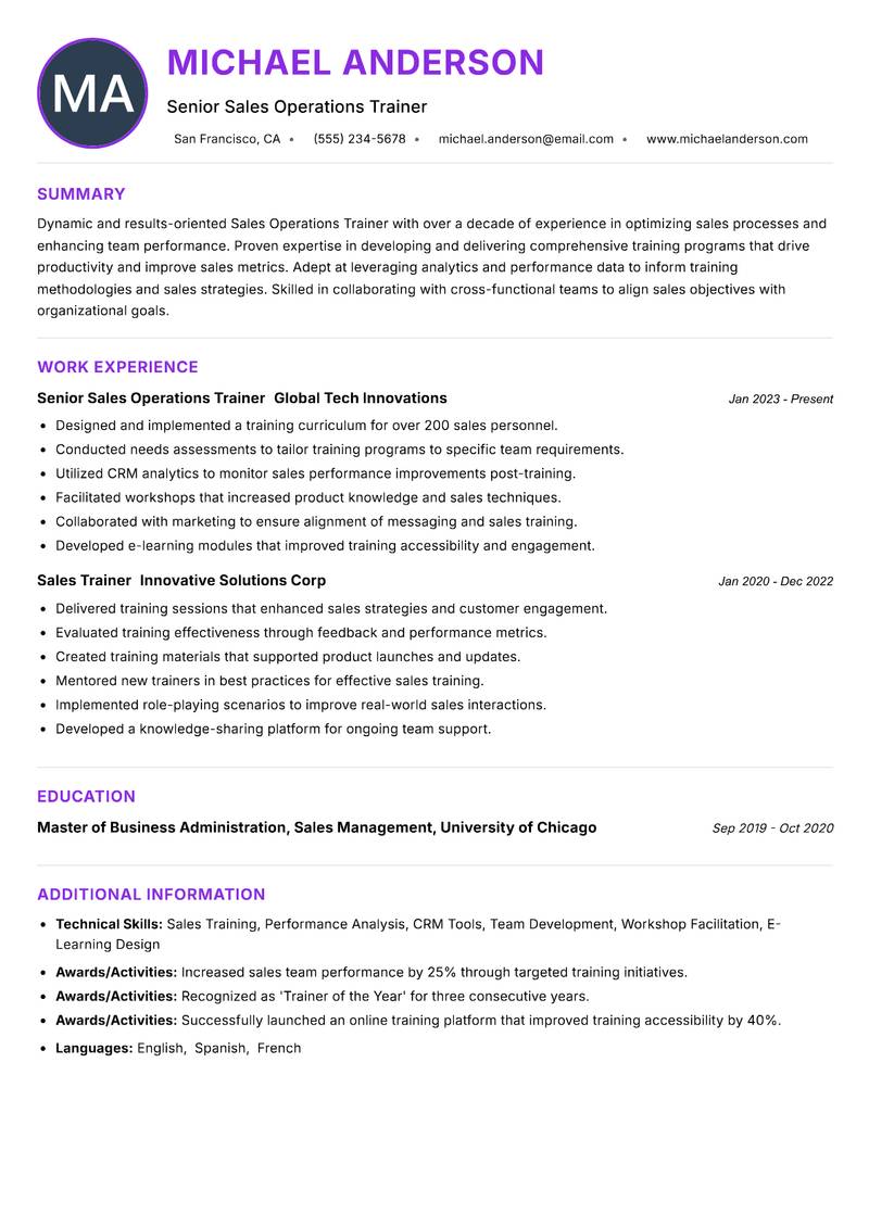 Sales Operations Trainer resume example — ATS-friendly template