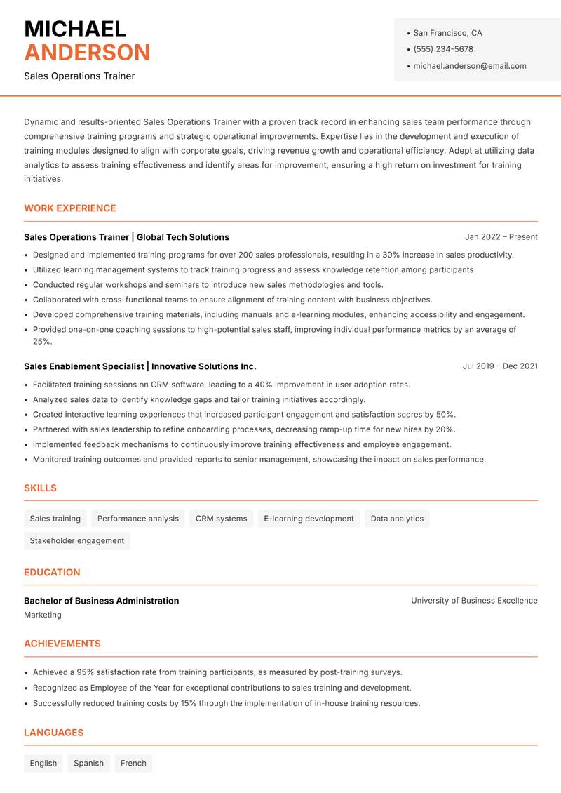 Sales Operations Trainer resume template — Modern Professional