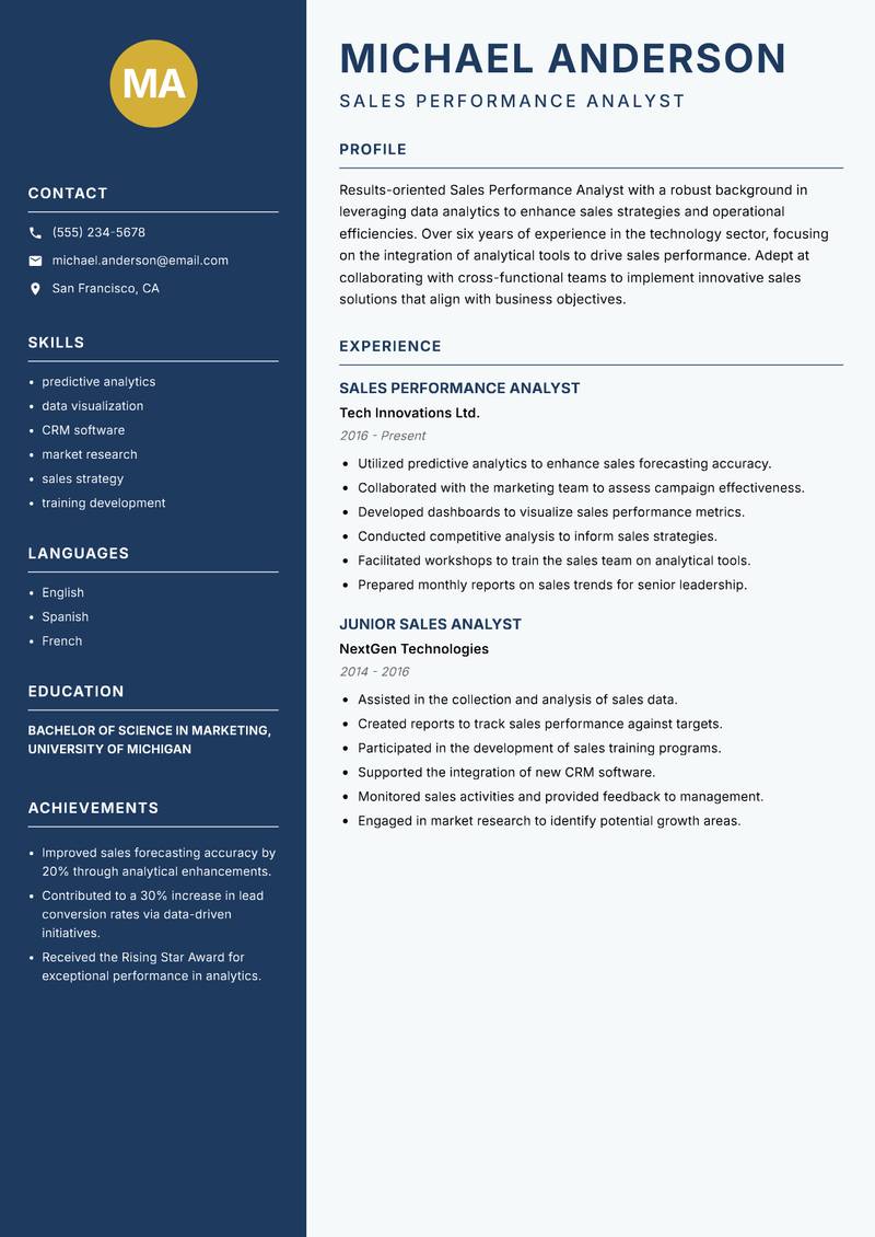 Sales Performance Analyst resume template — Classic Clean