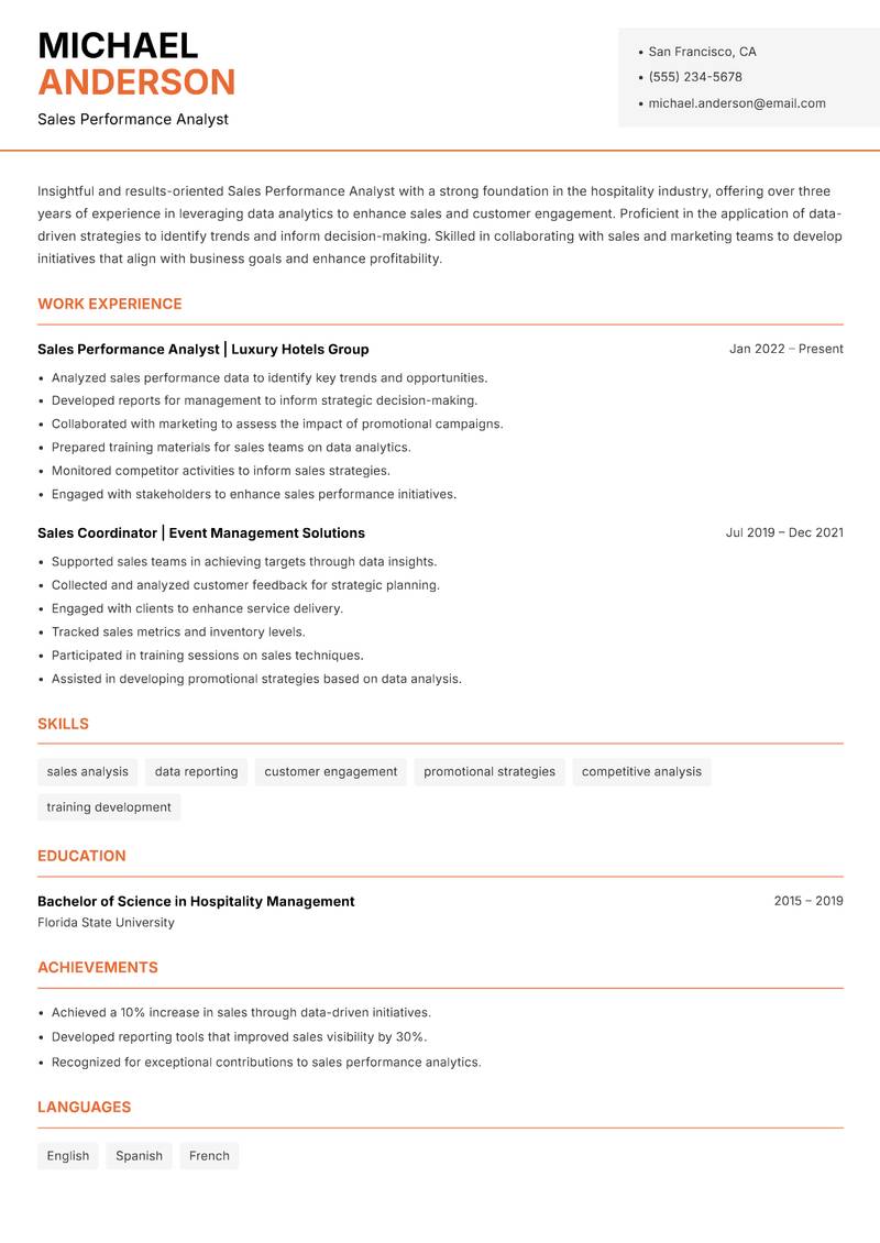 Sales Performance Analyst resume template — Modern Professional