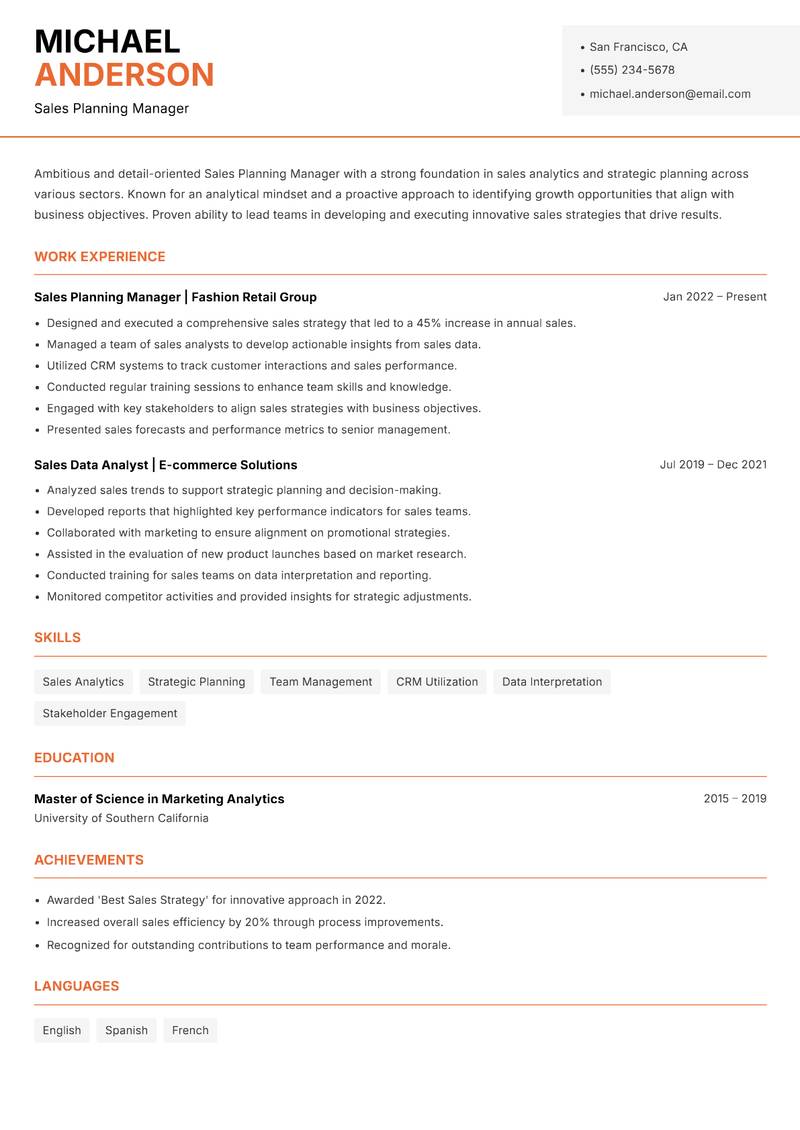 Sales Planning Manager resume template — Modern Professional