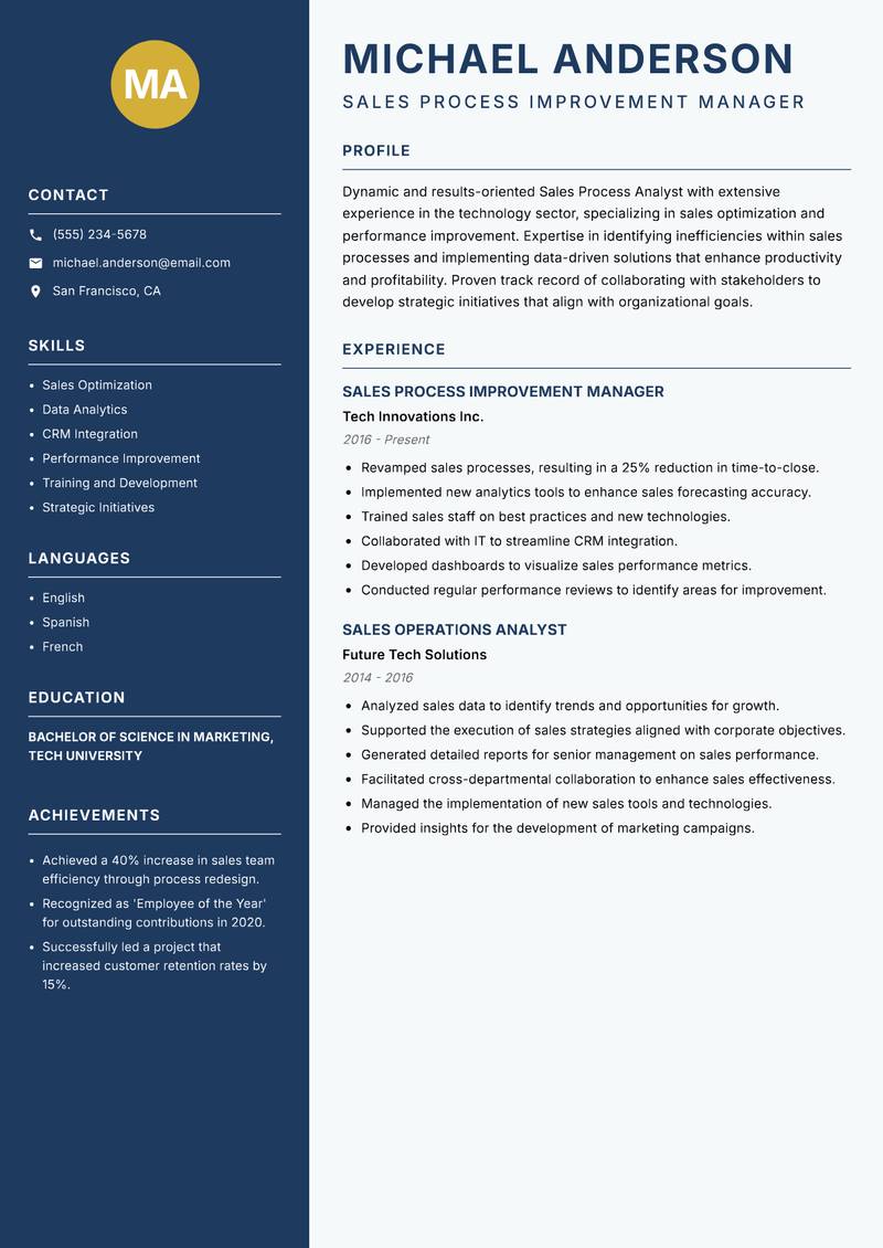Sales Process Analyst resume template — Classic Clean