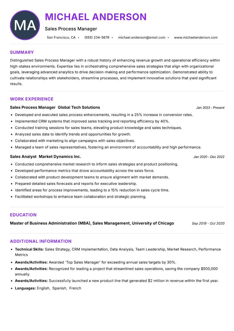 Sales Process Manager resume example — ATS-friendly template