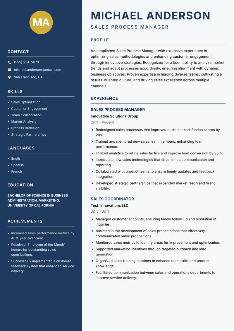 Sales Process Manager resume template — Classic Clean