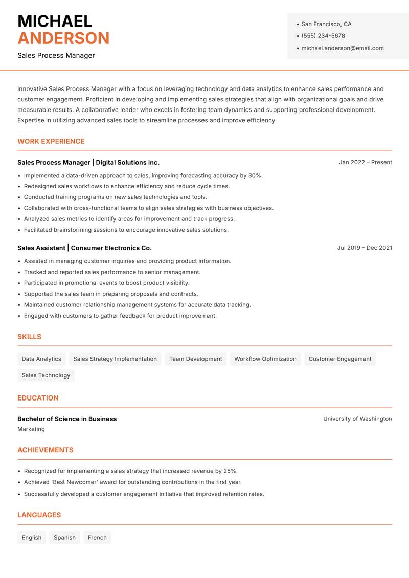 Sales Process Manager resume template — Modern Professional