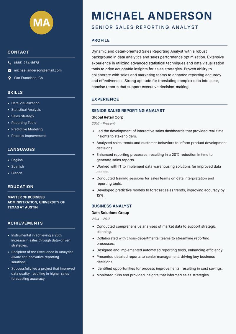Sales Reporting Analyst resume template — Classic Clean