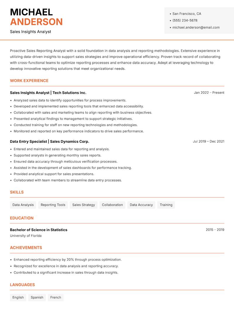 Sales Reporting Analyst resume template — Modern Professional