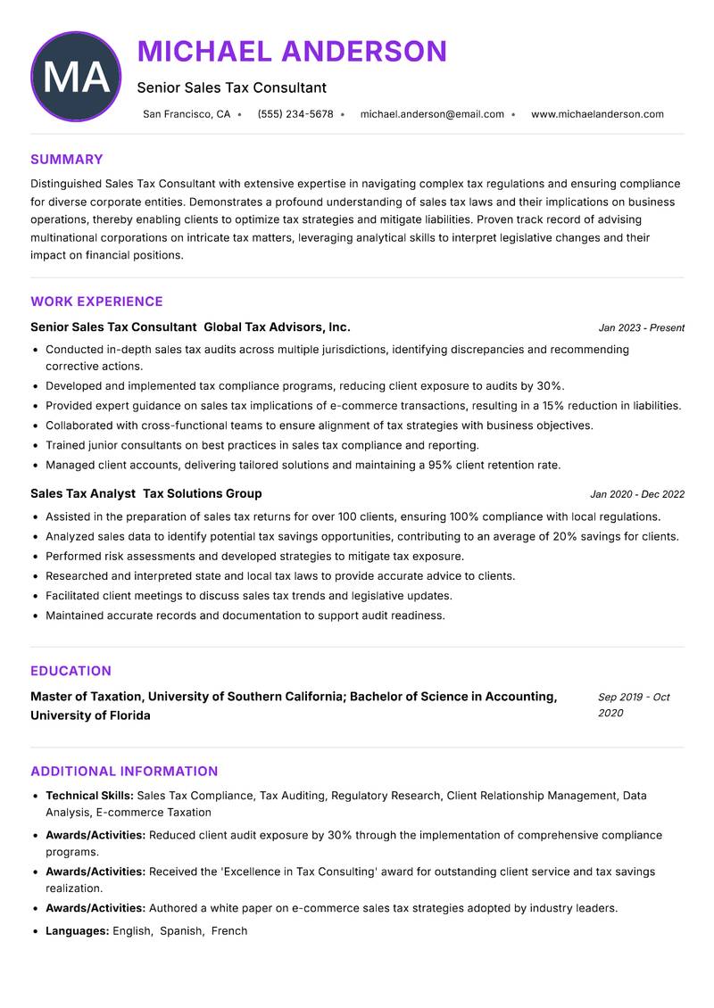 Sales Tax Consultant resume example — ATS-friendly template