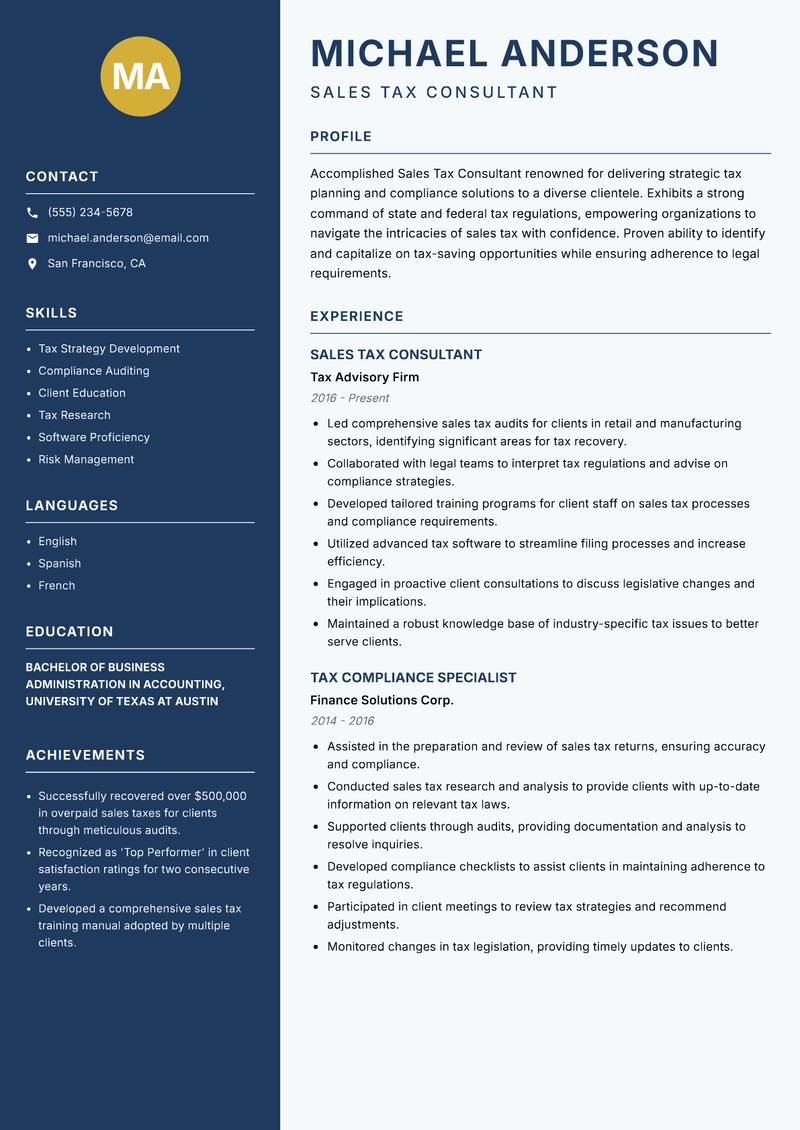 Sales Tax Consultant resume template — Classic Clean