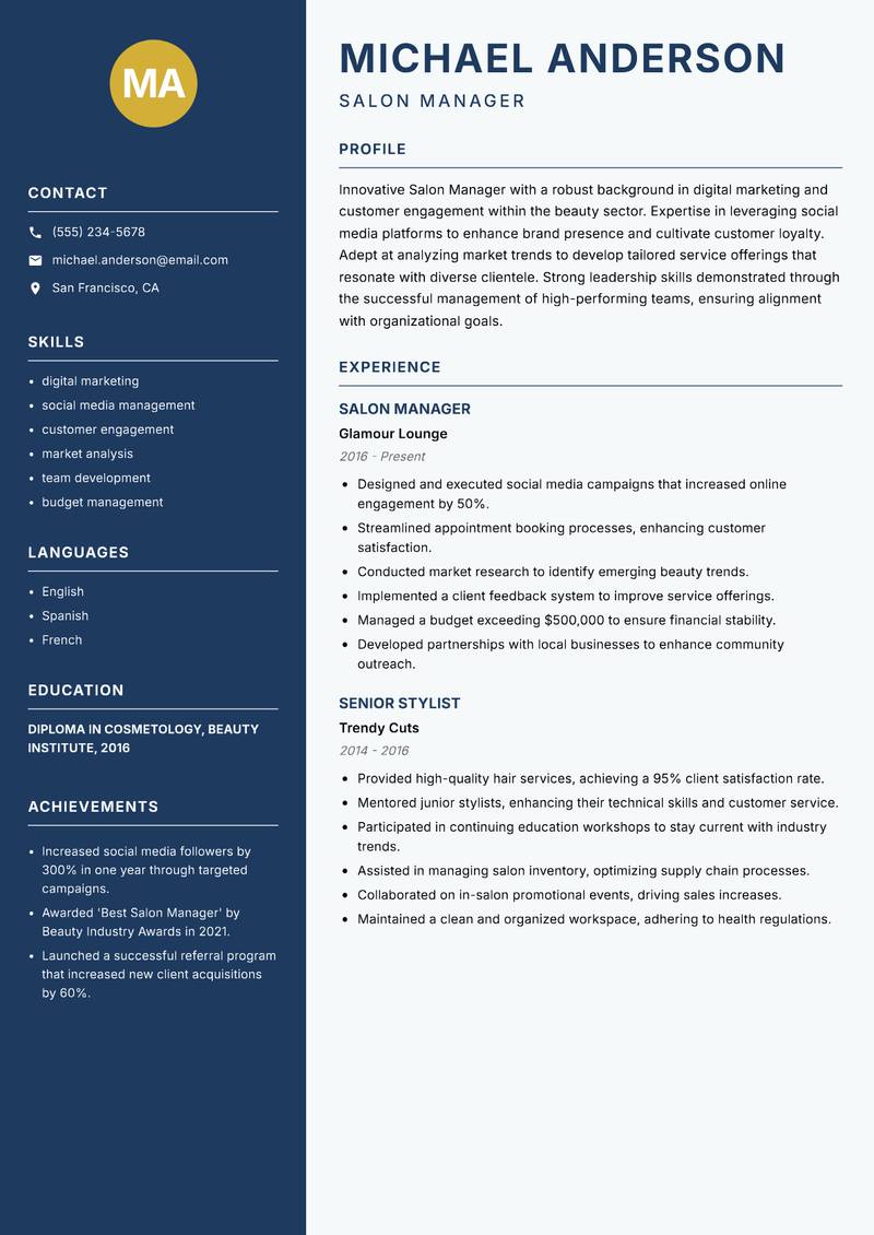 Salon Manager resume template — Classic Clean
