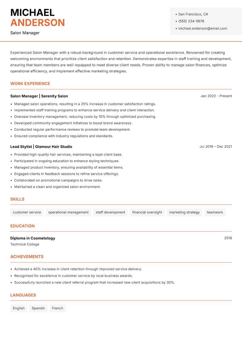 Salon Manager resume template — Modern Professional