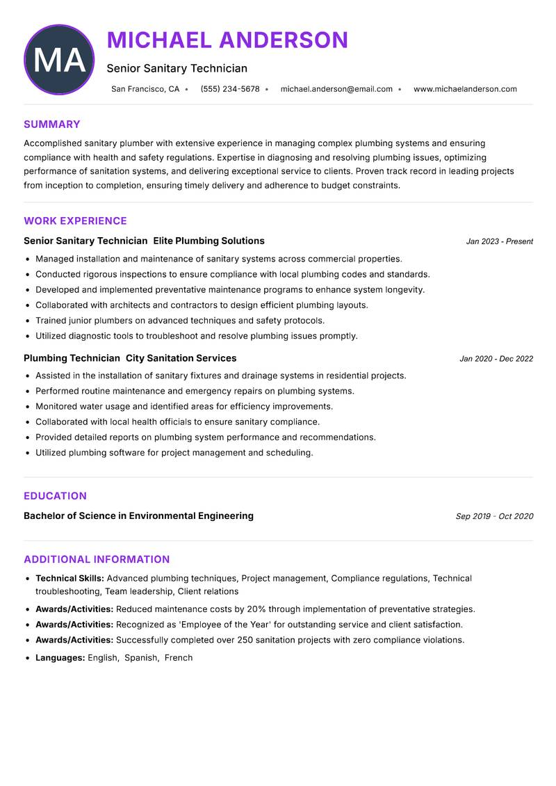 Sanitary Plumber resume example — ATS-friendly template