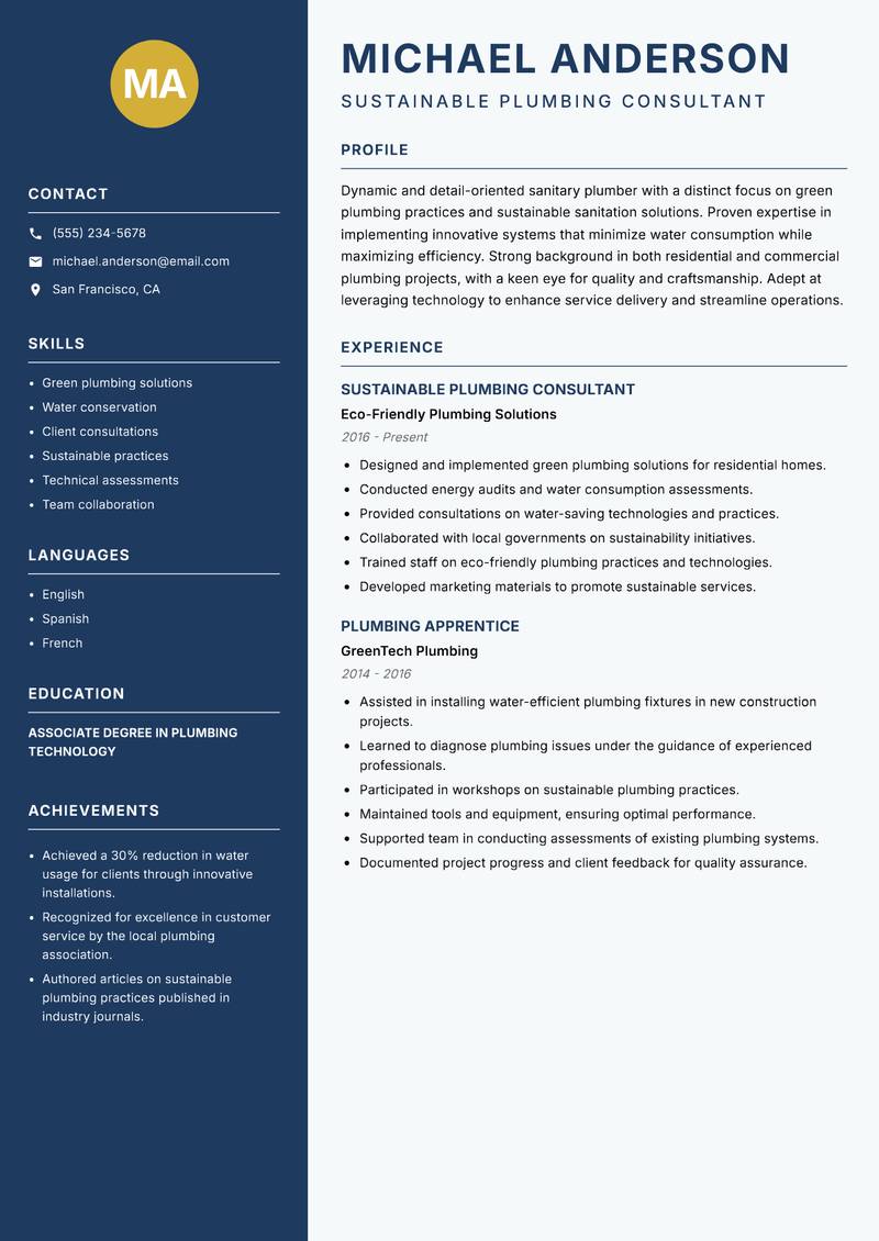 Sanitary Plumber resume template — Classic Clean