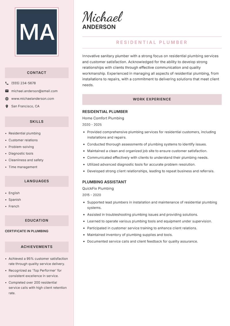 Sanitary Plumber resume template — Executive