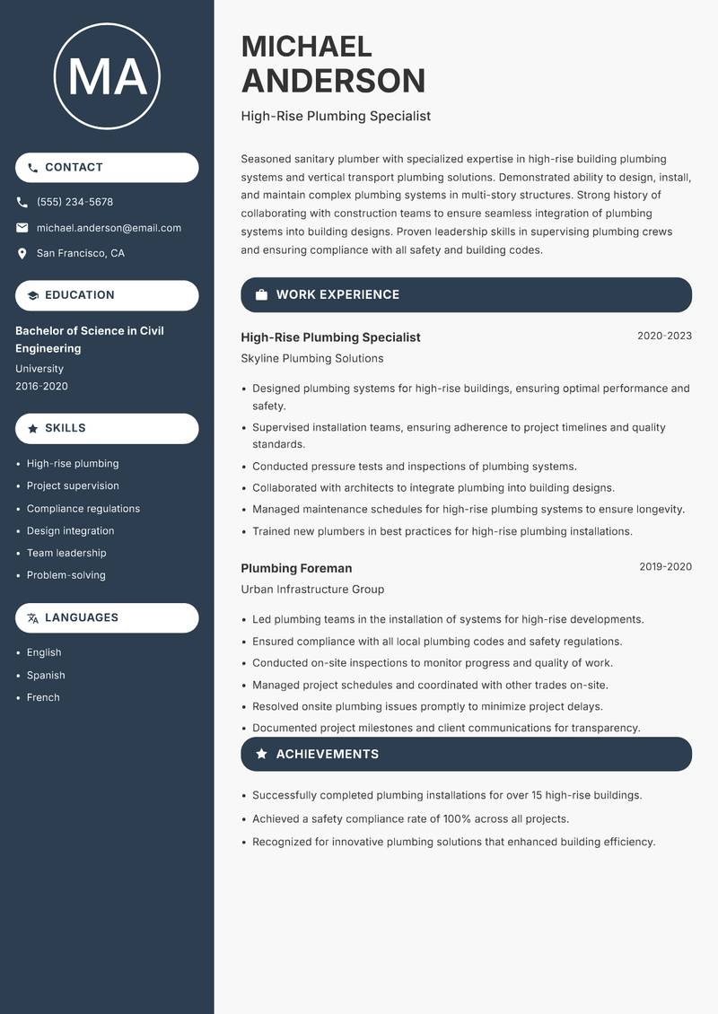 Sanitary Plumber resume template — Compact