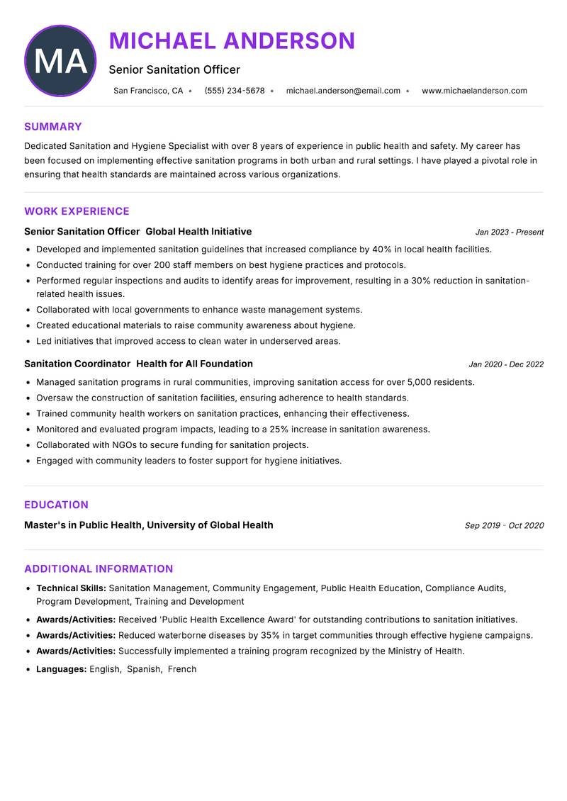 Sanitation and Hygiene Specialist resume example — ATS-friendly template