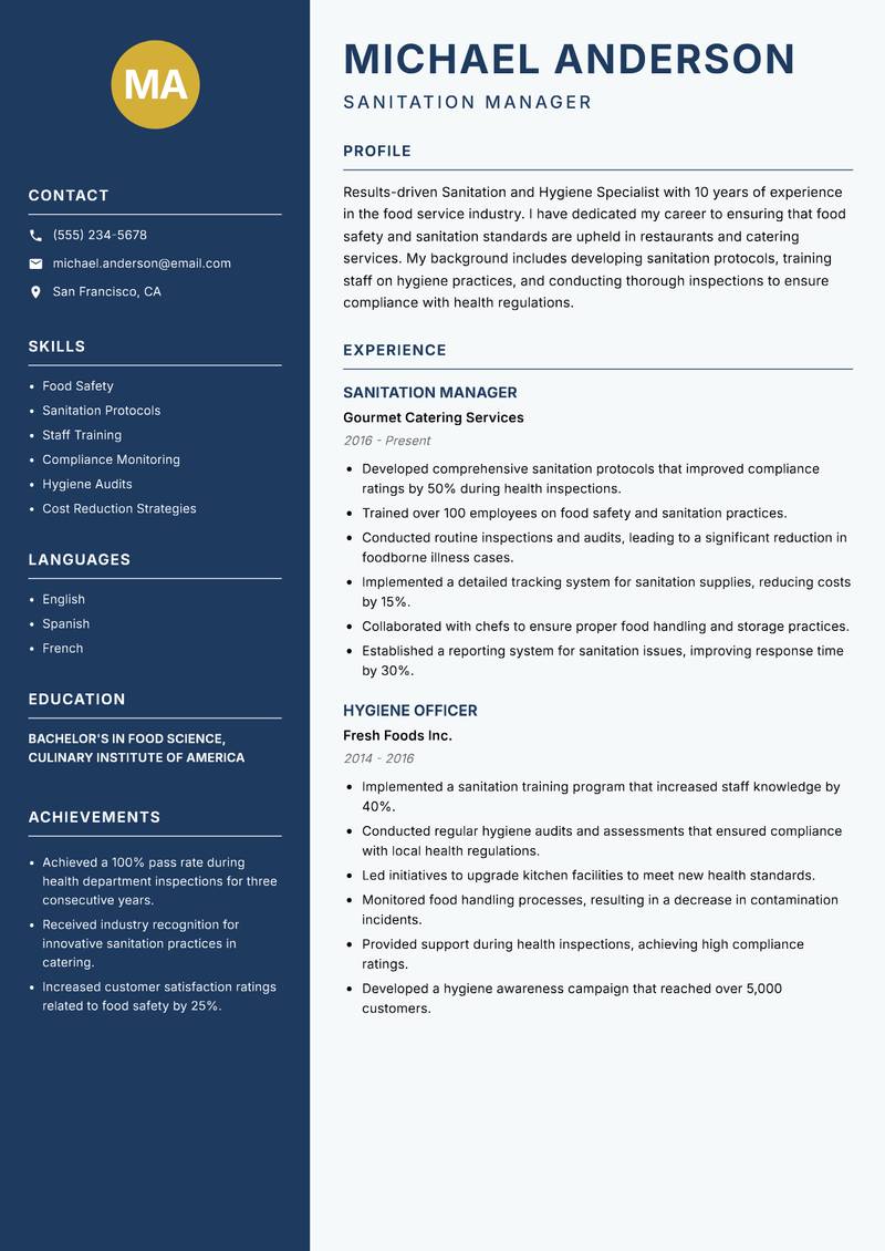 Sanitation and Hygiene Specialist resume template — Classic Clean