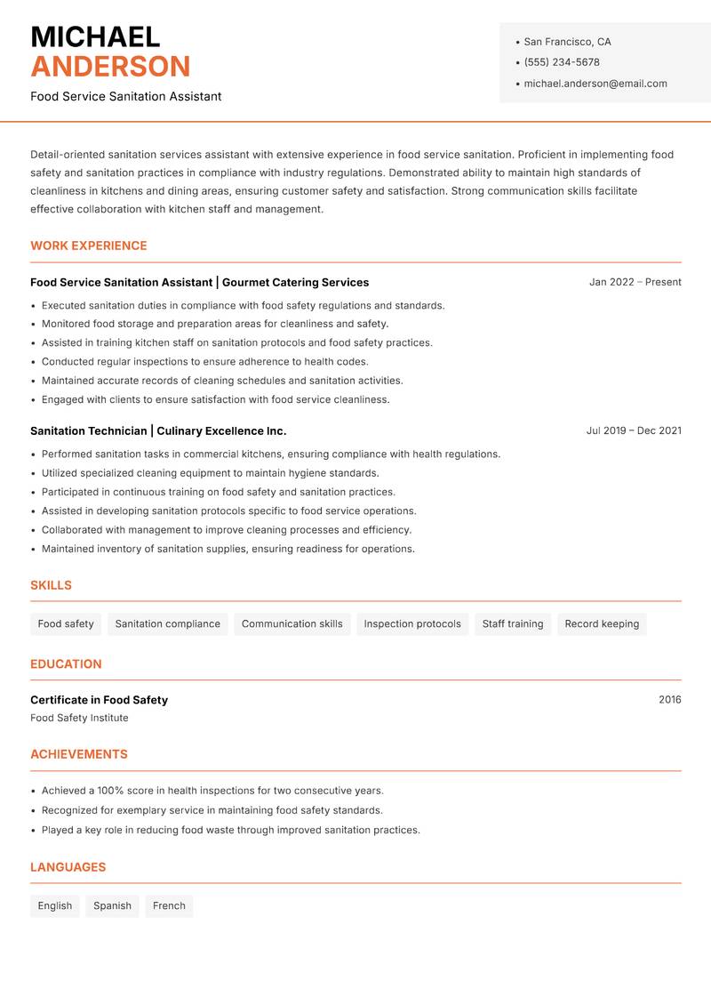 Sanitation Services Assistant resume template — Modern Professional
