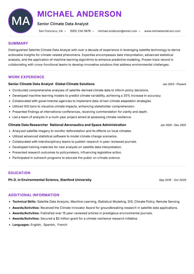Satellite Climate Data Analyst resume example — ATS-friendly template